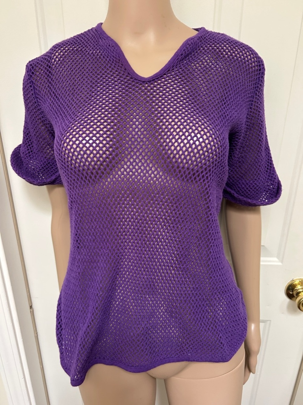 Vintage Women's Purple Open-Knit Cotton Mesh Short Sleeve Top Swim Cover Up Sz M